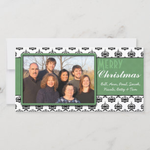 Black & White Damask Green Trim Merry Christmas Holiday Card