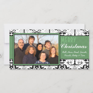 Black & White Damask Green Trim Merry Christmas Holiday Card