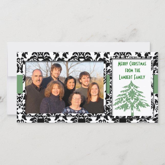 Black & White Damask GreenTree Merry Christmas Holiday Card (Front)