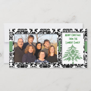 Black & White Damask GreenTree Merry Christmas Holiday Card