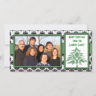 Black & White Damask GreenTree Merry Christmas Holiday Card