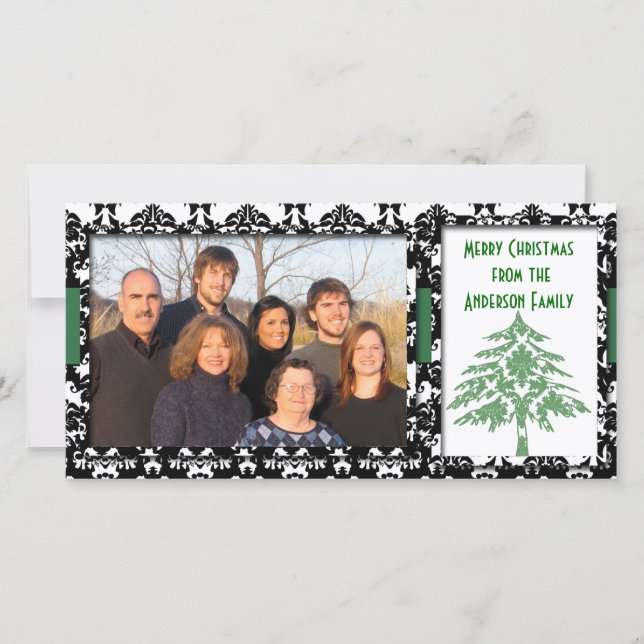 Black & White Damask GreenTree Merry Christmas Holiday Card (Front)