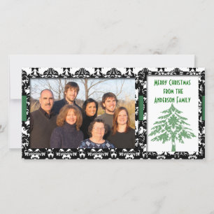 Black & White Damask GreenTree Merry Christmas Holiday Card