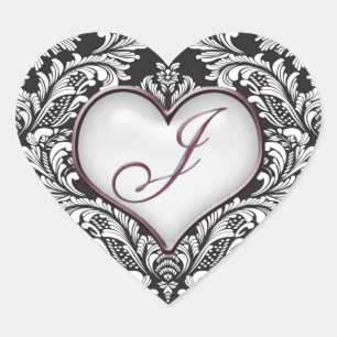 Black white damask heart Monogram letter J Sticker