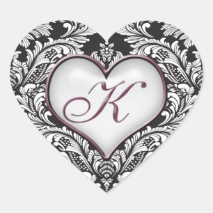Black white damask heart Monogram letter K Sticker