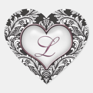 Black white damask heart Monogram letter L Sticker
