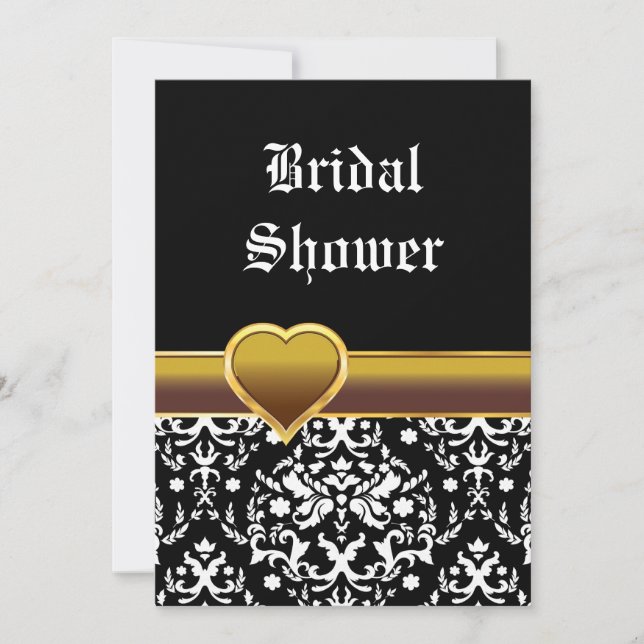 Black white damask heart wedding bridal shower invitation (Front)