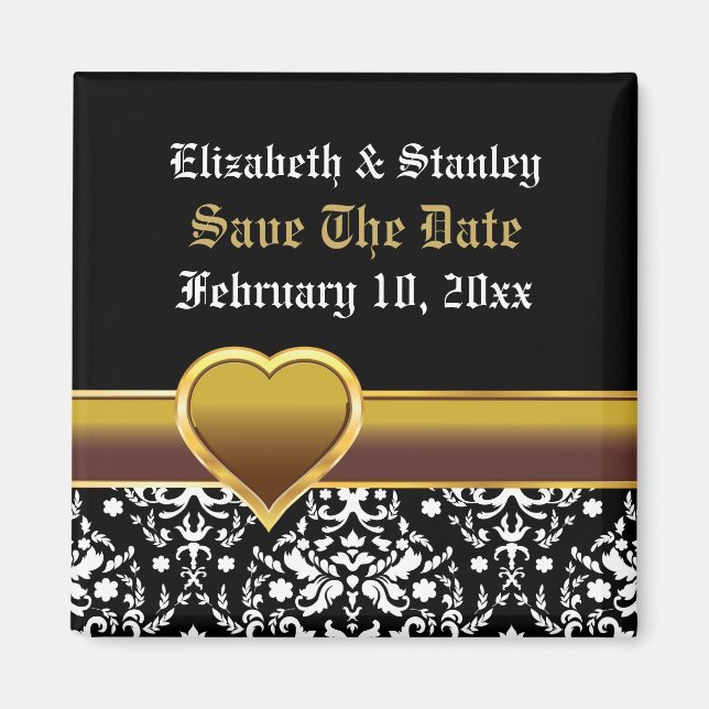 Black white damask heart wedding Save the Date Magnet (Front)