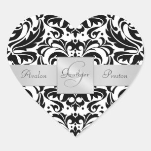 Black & White Damask Heart Wedding Sticker