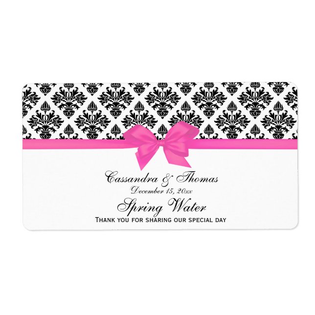 Black White Damask Hot Pink H Water Bottle Label (Front)