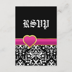 Black white damask hot pink heart wedding RSVP