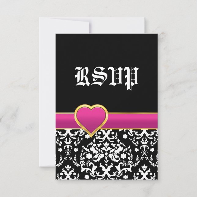 Black white damask hot pink heart wedding RSVP (Front)