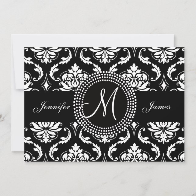Black White Damask Initial Wedding Invitation (Front)