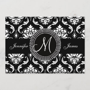 Black White Damask Initial Wedding Invitation
