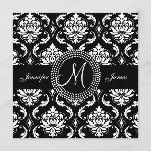 Black White Damask Initial Wedding Invitations