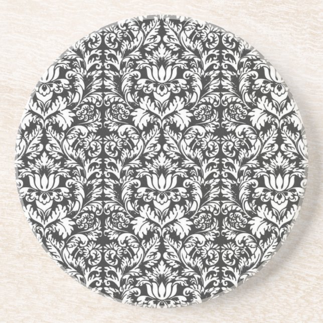 Black White Damask Lace Brocade Coaster (Front)