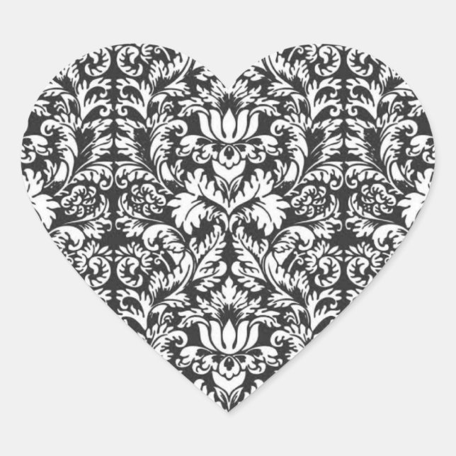 Black White Damask Lace Brocade Heart Sticker (Front)