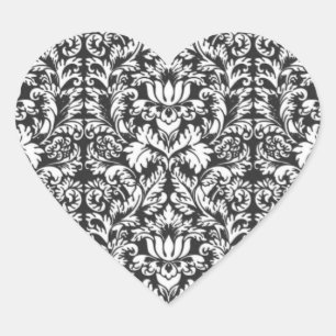 Black White Damask Lace Brocade Heart Sticker