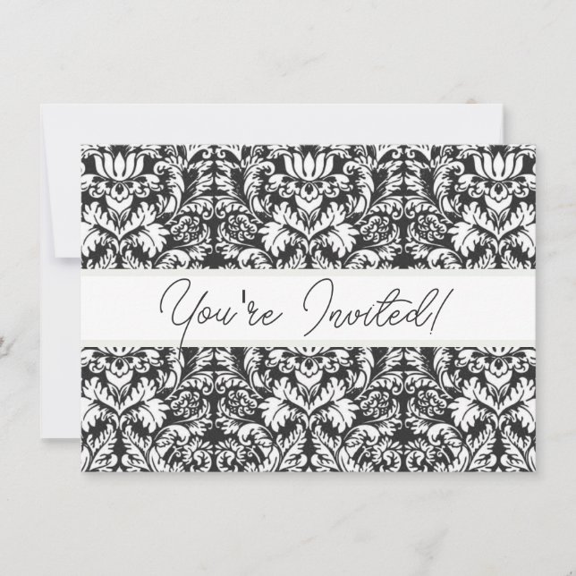 Black White Damask Lace Brocade Invitation (Front)