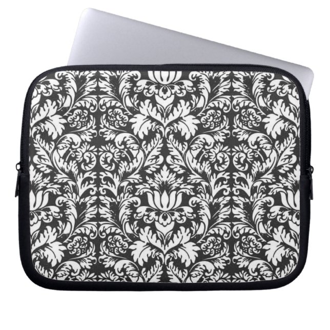 Black White Damask Lace Brocade Laptop Sleeve (Front)