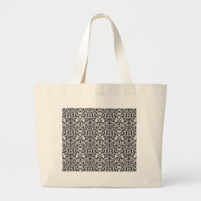 Black White Damask Lace Brocade Large Tote Bag (Front)