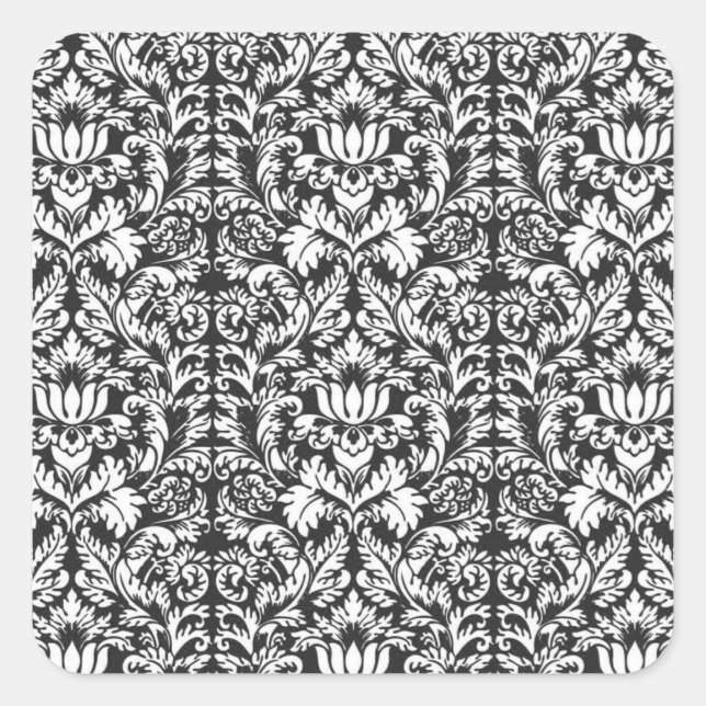 Black White Damask Lace Brocade Square Sticker (Front)