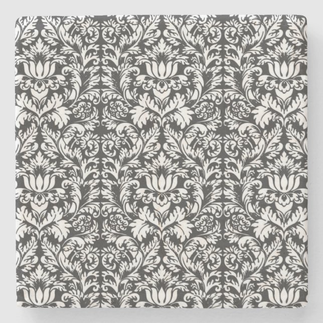 Black White Damask Lace Brocade Stone Coaster (Front)