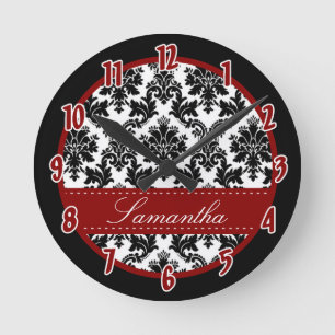Black & white Damask Lace Red Personalised Clock