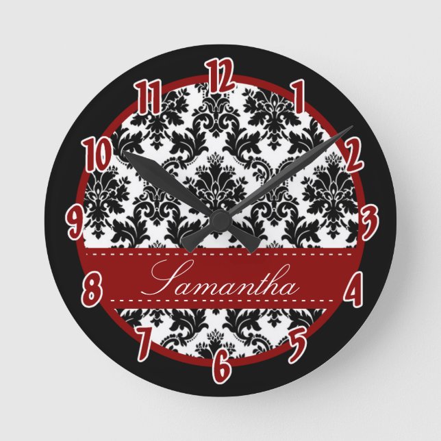 Black & white Damask Lace Red Personalised Clock (Front)