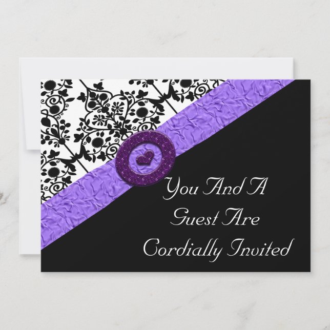 Black & White Damask Lavender Sparkle Heart Invitation (Front)
