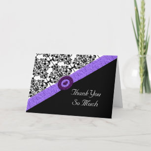 Black & White Damask Lavender Sparkle Heart Thank You Card