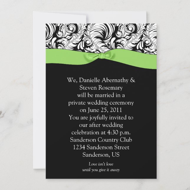 Black White Damask Lime Ribbon Post Wedding Invita Invitation (Front)