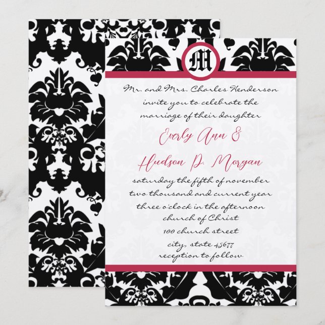 Black & White Damask Magenta Trim Wedding  Invitation (Front/Back)