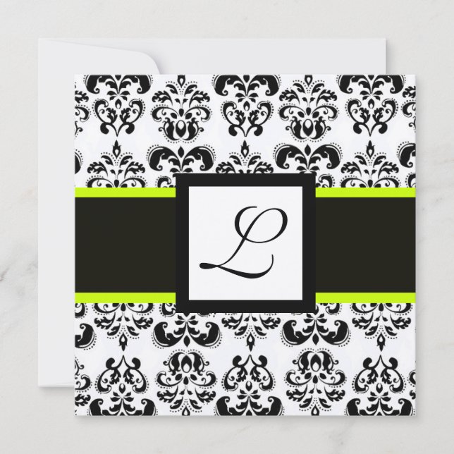 BLACK WHITE DAMASK MONOGRAM Champagne Metallic Invitation (Front)