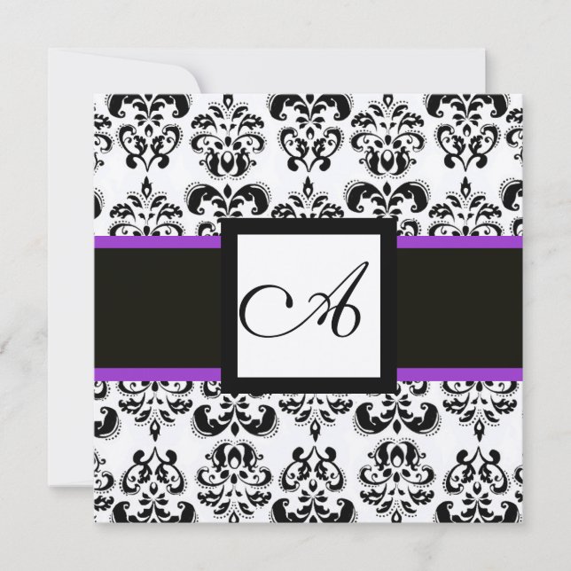 BLACK WHITE DAMASK MONOGRAM Champagne Metallic Invitation (Front)