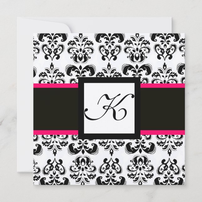 BLACK WHITE DAMASK MONOGRAM Champagne Metallic Invitation (Front)