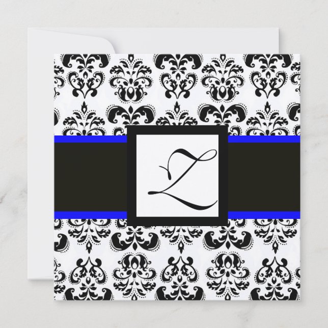 BLACK WHITE DAMASK MONOGRAM Champagne Metallic Invitation (Front)