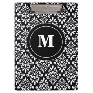 Black White Damask Monogram Clipboard