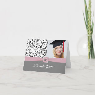 Black white damask monogram Graduation Photo Card