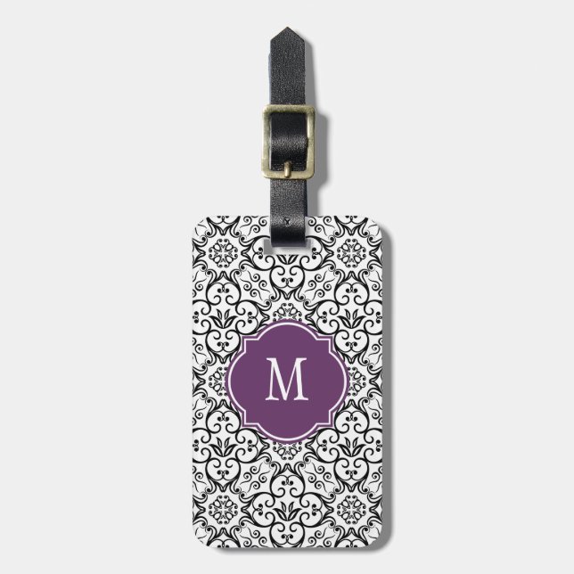 Black & White Damask Monogram Luggage Tag (Front Vertical)