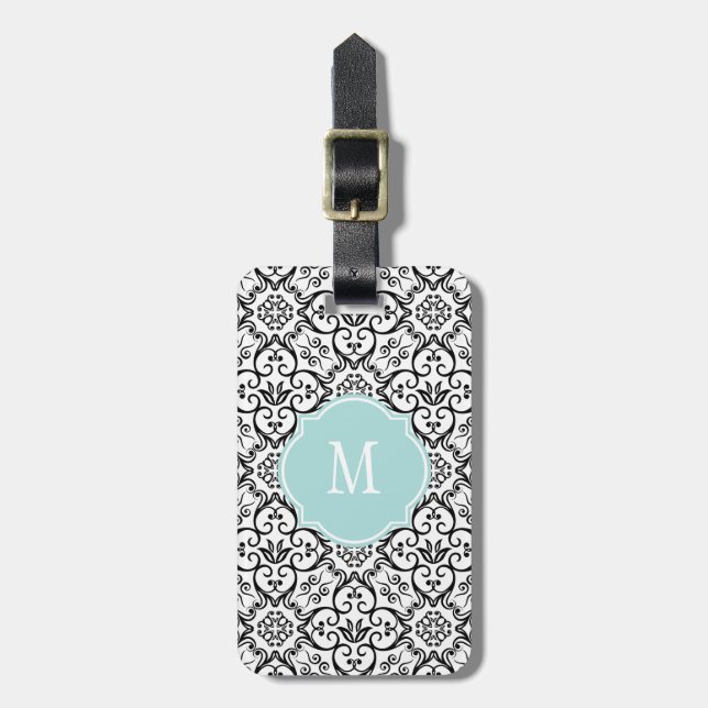 Black & White Damask Monogram Luggage Tag (Front Vertical)