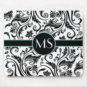 Black White Damask Monogram Mouse Mat