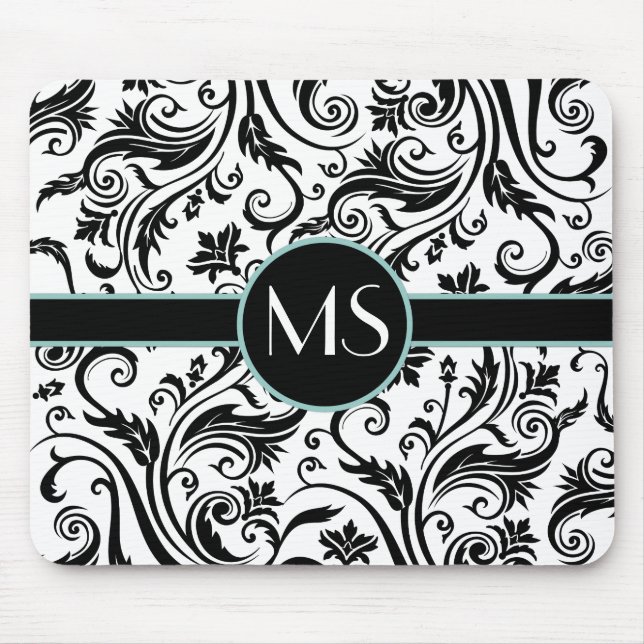 Black White Damask Monogram Mouse Mat (Front)