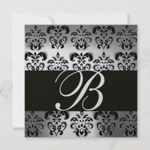 BLACK & WHITE DAMASK MONOGRAM silver moonstone Invitation