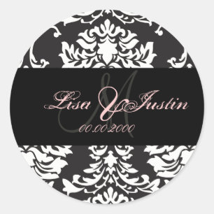 Black White Damask,  monogram stickers
