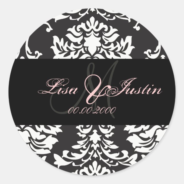 Black White Damask,  monogram stickers (Front)