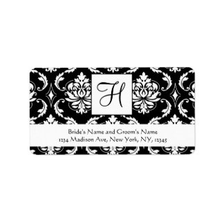 Black White Damask Monogram Wedding Address Labels