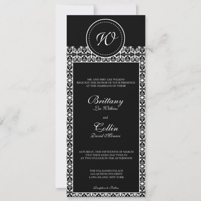 Black & White Damask  Monogram Wedding Invitation (Front)
