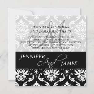 Black White Damask Monogram Wedding Invitations