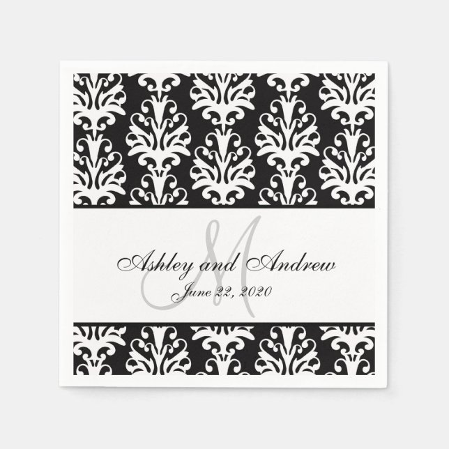 Black White Damask Monogram Wedding Paper Napkins (Front)